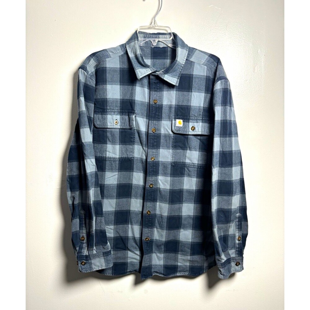 Carhartt Men’s L Regular Long Sleeve Plaid Blue/Gray Flannel Cotton Shirt
